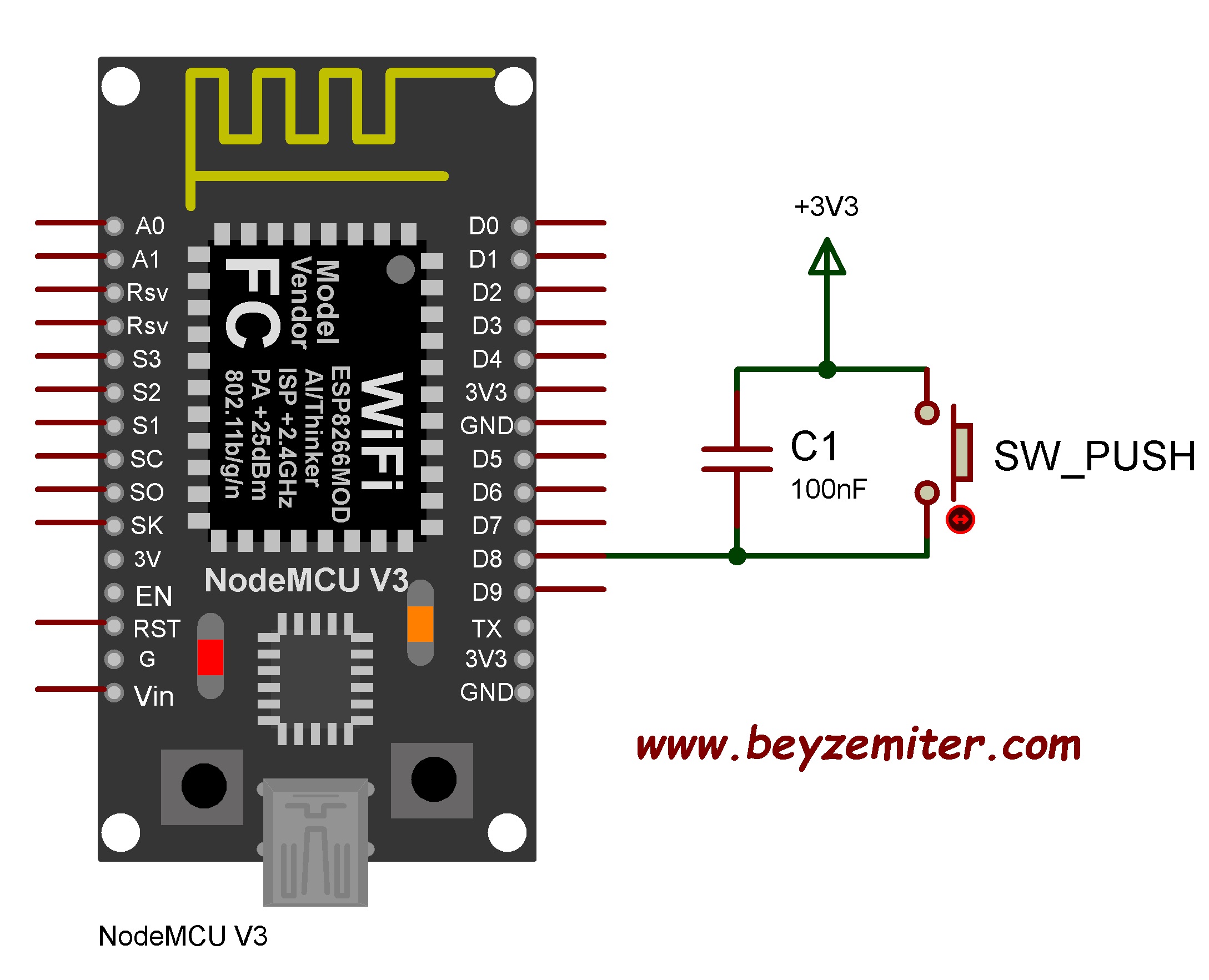 NodeMCU V3 ESP8266 ESP-12E ile Buton LED Kontrolü Uygulaması