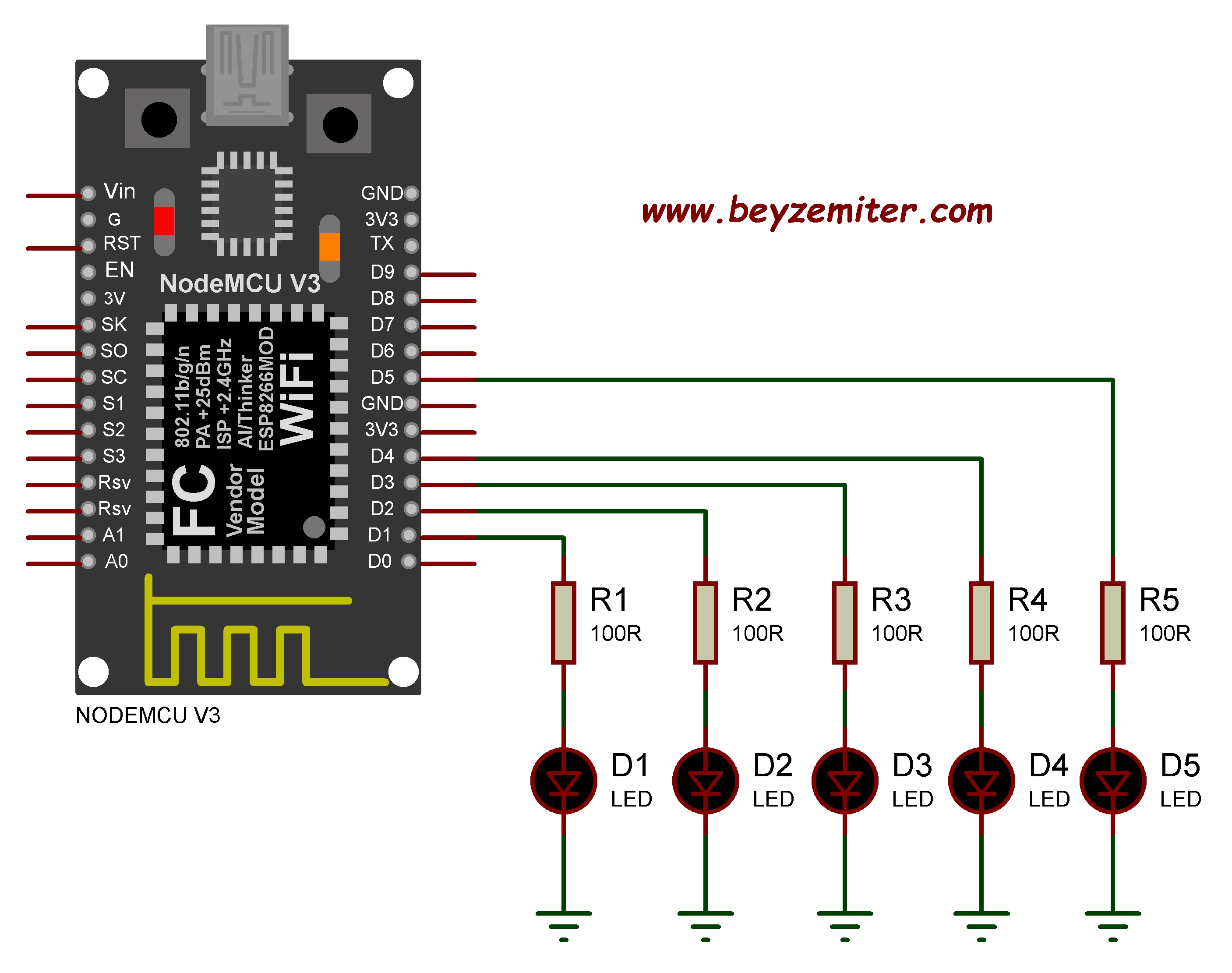 NodeMCU V3 ESP8266 ESP-12E ile Yürüyen Işık Uygulaması